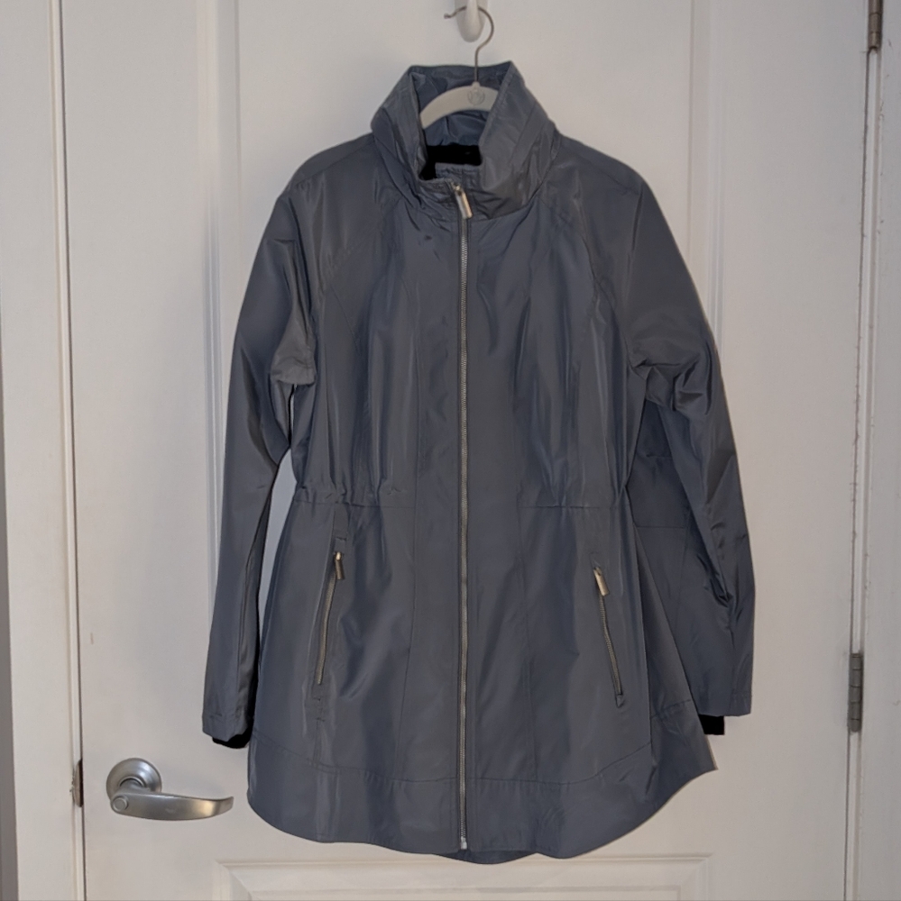 Calvin Klein Performance Steel Blue Trench Coat with Stand-Up Collar and Hood